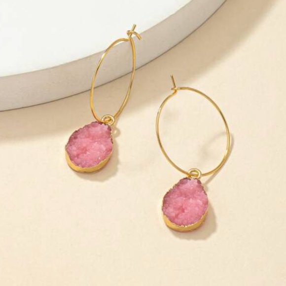 ⭐️❤️FREE Stone Pink Hoop Drop Charm Hipster Hippie Artsy Chic Glam Hip Earrings - Picture 3 of 8